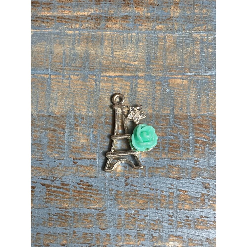 Eiffel Tower Charm Pendant With Turquoise Rose & Clear Rhinestone Accent